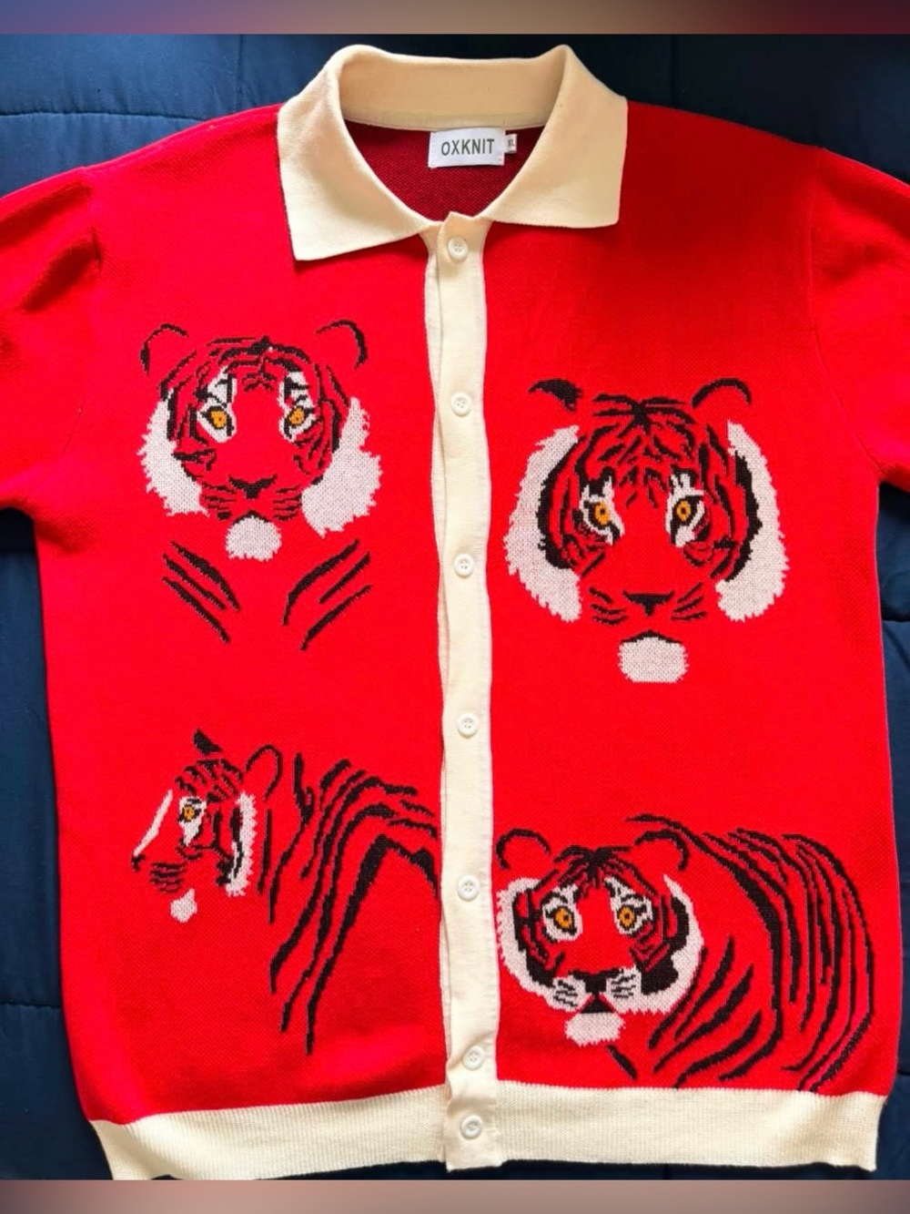 OXKNIT Red Tiger Knit Button-Front Cardigan with Cream Trim